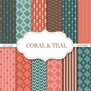 CORAL & TEAL Digital Paper Pack Stripe Paper Arrow Pattern Paper Scrapbook Paper Scrapbooking Coral Teal paper Instant Download 12&quot;x12&quot;#P145