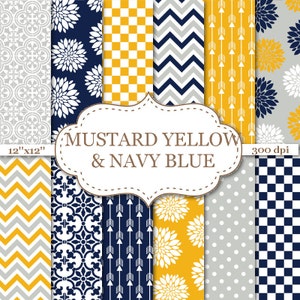 MUSTARD YELLOW & NAVY Blue Digital Paper Pack Chevron Arrows Floral Dots Scrapbook Paper Scrapbooking Instant Download 12&quot;x12&quot; #P066