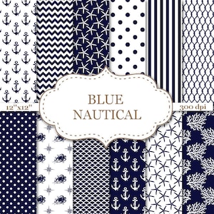 Papier numérique BLEU NAUTIQUE nautique motif ancre étoile de mer boussole corail bande Chevron marine papiers Scrapbook numérique papier 12 "x 12 » #P028