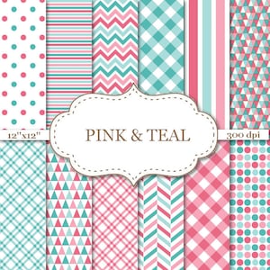 PINK & TEAL Geometric Digital Paper Pack Teal and pink Chevron Stripes Dots Geometric pattern paper Instant Download 12&quot;x12&quot; #P061