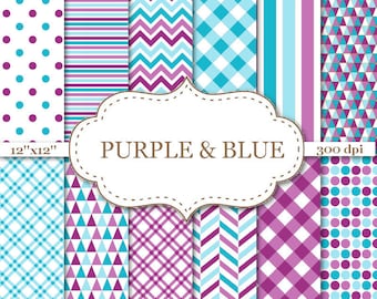 PURPLE & BLUE Geometric Digital Paper Pack Purple and Blue Chevron Stripes Dots Geometric pattern paper Instant Download 12"x12" #P071