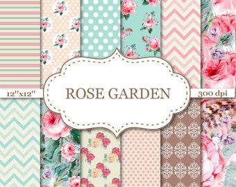 ROSE GARDEN digital papers Floral Digital papers Rose Digital Paper Pink Blue Floral Digital Paper Pack Pink VIntage Roses 12"x12" #P047