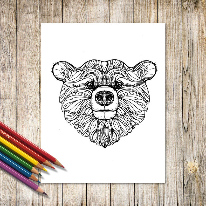 Bear Zentangle Art Print Adult Coloring Page Printable Art Black and White Digital Download Wall Art SVG #Z002