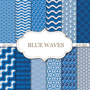 BLUE WAVES Digital paper Wave digital paper pack Blue wave patterned backgrounds Scrapbook paper Blue Stripe backgrounds 12''x12'' #P129