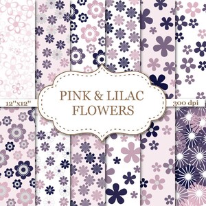 PINK and LILAC FLOWERS digital paper Floral Backgrounds Floral Paper Lavander Garden Bright Flowers Floral Digital Papers  12"x12" #P029