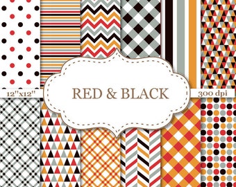 RED & BLACK Geometric Digital Paper Pack Black and Red Chevron Stripes Dots Geometric pattern paper Instant Download 12"x12" #P101