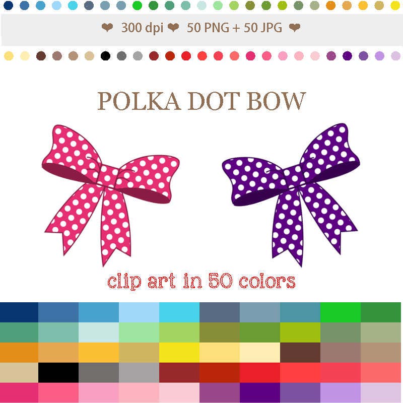 50 Colors Digital POLKA DOT BOW Clipart Gift Bow Clip Art Rainbow Bow Clipart Bows Printable Digital Polka Dot Bows Instant Download #C009