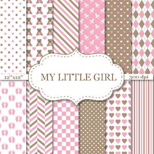 MY LITTLE GIRL Papel digital para meninas rosa e marrom Novo papel digital para bebês Fundos para recém-nascidos com listras de coração Padrões de urso de bolinhas # P100