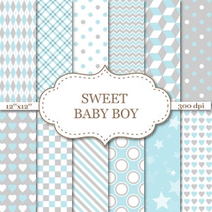 Blu e grigio Baby Boy digitale carta sfondi nuovi sfondi di neonato carta digitale bambino con cuore Stripe Polka Dot Star Patterns #P022