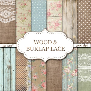 MADERA & Shabby chic de arpillera encaje Vintage papel digital papel rústico madera arpillera encaje Floral texturas imprimibles Scrapbook papel 12 "x 12" #P090