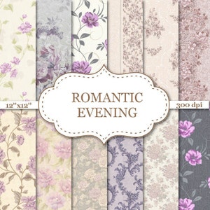 ROMANTIC EVENING Papel digital floral Lila púrpura floral papel digital floral patrón floral fondo Lila Digital Papers 12"x12" #P126