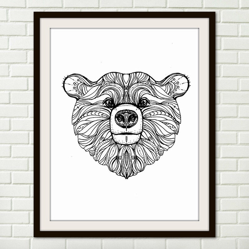 Bear Zentangle Art Print Adult Coloring Page Printable Art Black and White Digital Download Wall Art SVG #Z002