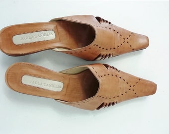 Pola Caniglia, Vintage Women shoes, brown leather, size EU 36 unique italian, made in italy 90" summer vinage flip, vintage heels low