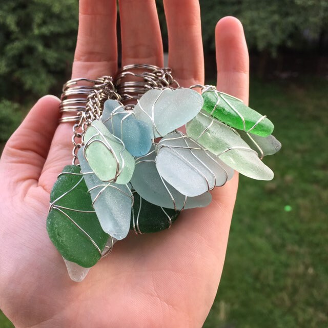 Sea Glass key ring green aqua white Charm anchor Etsy