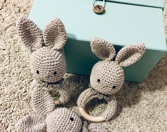 Organic Cotton Crochet Bunny Rattle with Wooden Ring