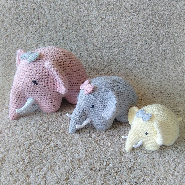 Crochet Elephant Nursery Decor, Set of 3, Pink, Grey, Yellow