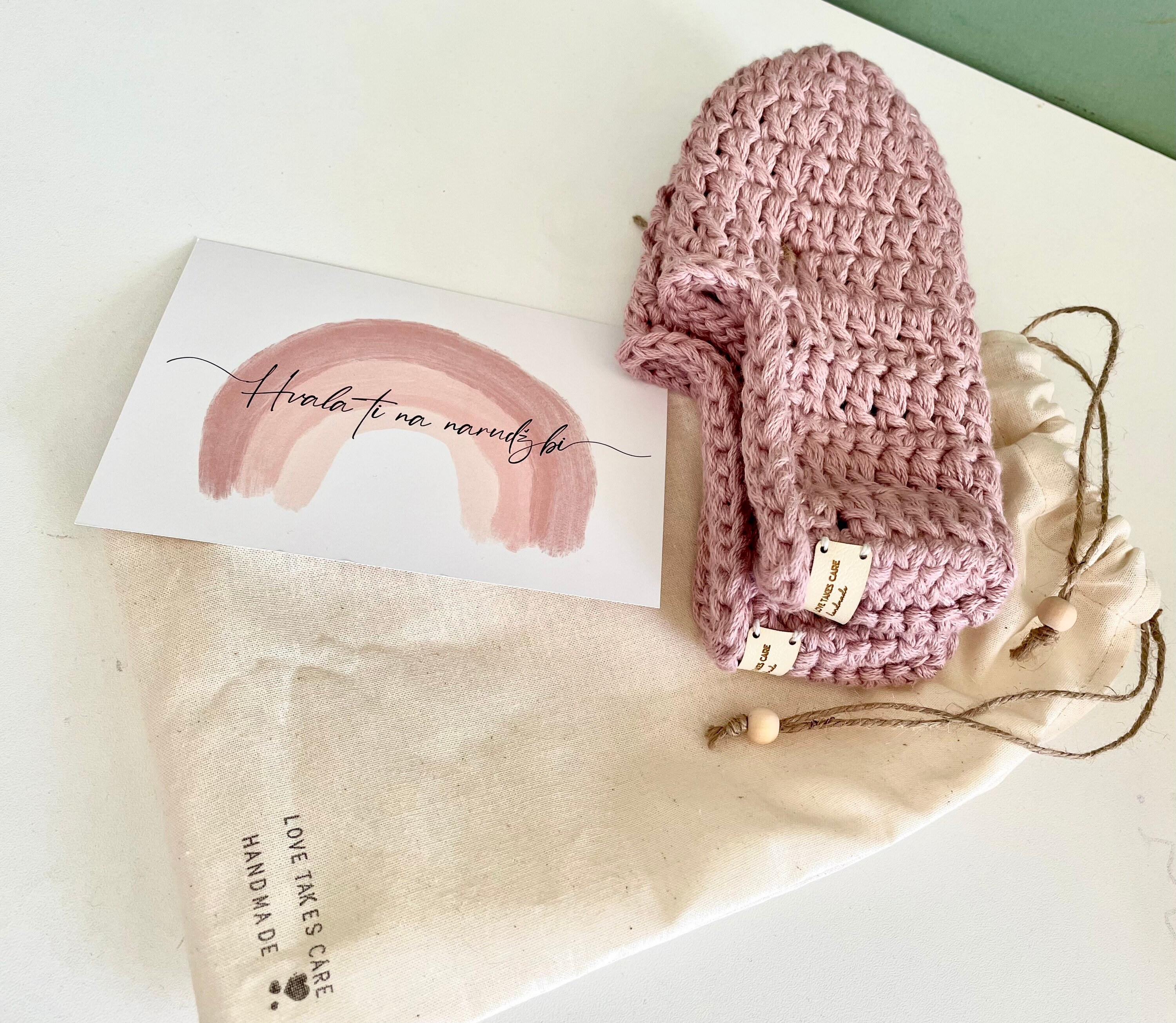 Slippers in bag, perfect gift, cotton crochet slippers in personalized cotton bag, gift for women, gift in bag, vegan, ecological slippers