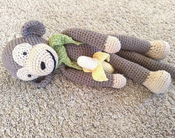 Singe en peluche au crochet avec banane, 100 % coton