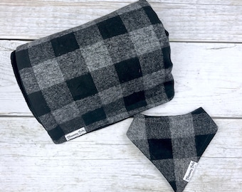 Black and Gray Buffalo Plaid Flannel Baby Blanket and Matching Baby Drool Bibdana