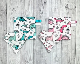 Pink and Mint Dinosaur Print Jersey Baby Drool Bibdanas and Matching Minky Crinkle Sensory Toy