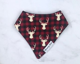 Red and Plaid Buffalo Plaid with Cream Deer Baby Drool Bibdana