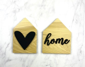 Natural Wood and 3D Black Heart and Home Wood Pattered Houses