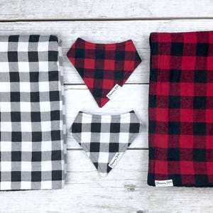 Black and White or Red and Black Buffalo Plaid Flannel Baby Blankets and Matching Drool Bibdanas image 1