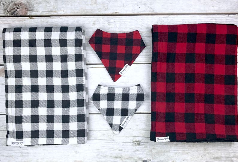 Black and White or Red and Black Buffalo Plaid Flannel Baby Blankets and Matching Drool Bibdanas image 1