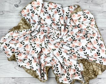 Light Pink Floral, Olive Green and Fawn Large Minky Baby Blanket and Matching Crinkle Sensory Toy