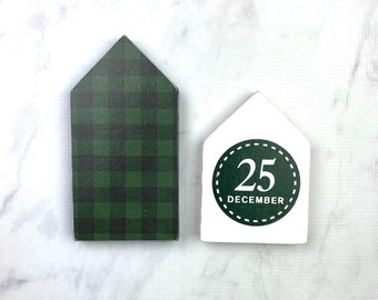 Green Buffalo Plaid and "December 25" Wood Pattered Houses