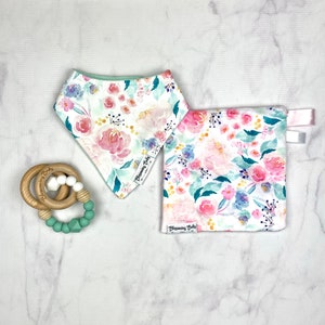 Floral Pink and Mint Watercolor Print Jersey Baby Drool Bibdanas and Matching Minky Crinkle Sensory Toy image 1