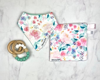 Floral Pink and Mint Watercolor Print Jersey Baby Drool Bibdanas and Matching Minky Crinkle Sensory Toy