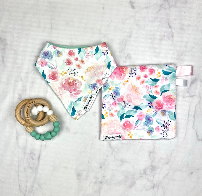 Floral Pink and Mint Watercolor Print Jersey Baby Drool Bibdanas and Matching Minky Crinkle Sensory Toy image 1