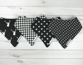 Black and White Arrow, Triangle, Plaid and Deer Baby Drool Bibdanas