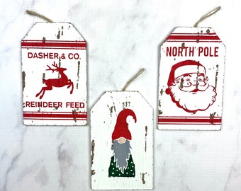 Red and White Wood Gift tags - Reindeer - Santa - Gnome