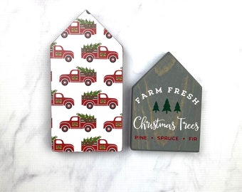 Red Vintage Christmas Tree Truck and "Farm Fresh Trees" Wood Pattered Houses