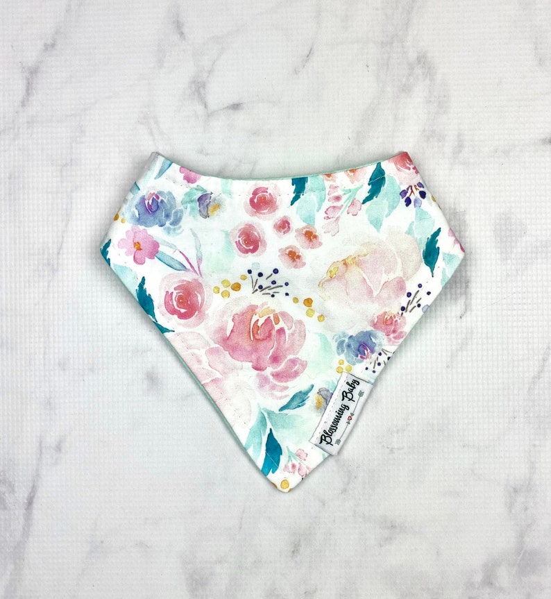 Floral Pink and Mint Watercolor Print Jersey Baby Drool Bibdanas and Matching Minky Crinkle Sensory Toy image 3
