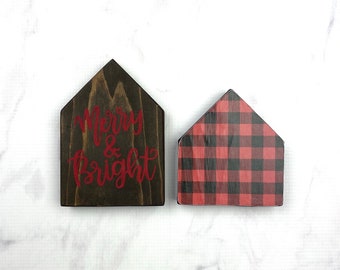 Black and Red Buffalo Plaid and "Merry & Bright" Wood Pattered Houses