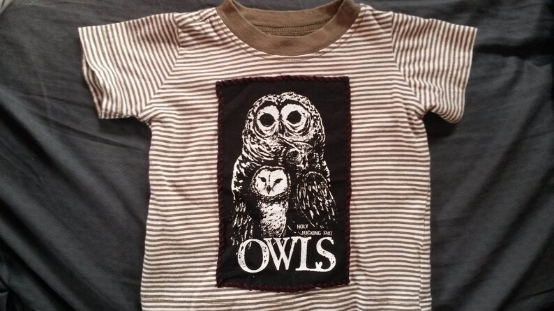 Baby Shower Gift OWLS Punk Rock 3m Striped T-Shirt Unisex Cute Animal Nature Profanity 3mo Cool Unique Olive Green Handmade Patch