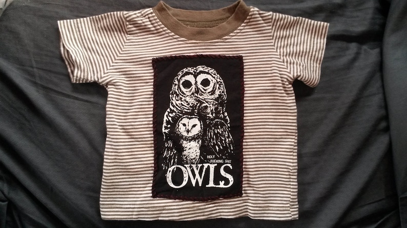 Baby Shower Gift OWLS Punk Rock 3m Striped T-Shirt Unisex Cute Animal Nature Profanity 3mo Cool Unique Olive Green Handmade Patch