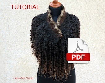 Wet felting tutorial- Felted locks collar- Neck warmer- How to felt wool curls- Making merino and raw wool fleece scarf- PDF e-book pattern