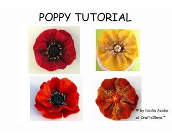 Wool Felting Tutorial Pattern Poppy, felted flower brooch instructions in English, felted wool flower, wet felt, felt by hand, pdf, e-book