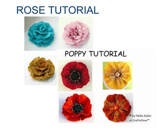 TWO tutorials DISCOUNT Felt Tutorials Rose and Poppy, pattern, felted wool flower, wet felt, how to felt by hand, felted flower brooch