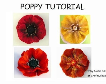 Wool Felting Tutorial Pattern Poppy, felted flower brooch instructions in English, felted wool flower, wet felt, felt by hand, pdf, e-book