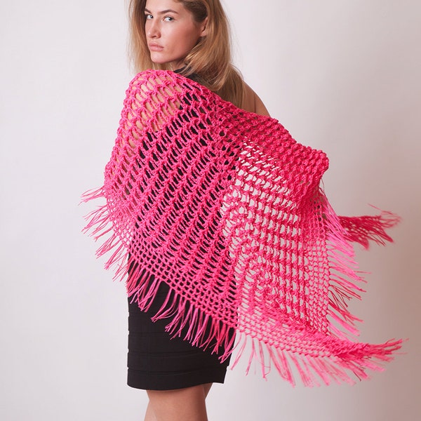 Crochet summer vegan shawl with fringes, triangular wrap, cotton beach cover up sarong , womens clothing, sexy pink unique scarf