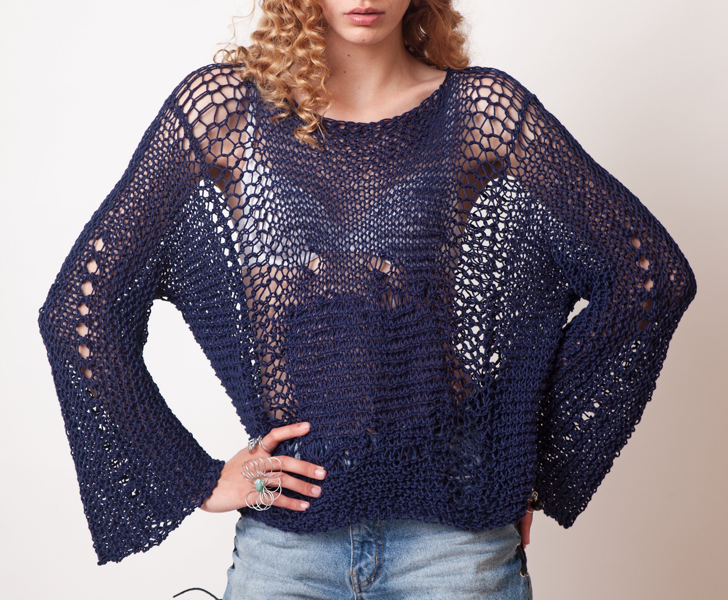 Blue Knit Sweater Long Sleeves Slouchy Loose Style Cotton - Etsy