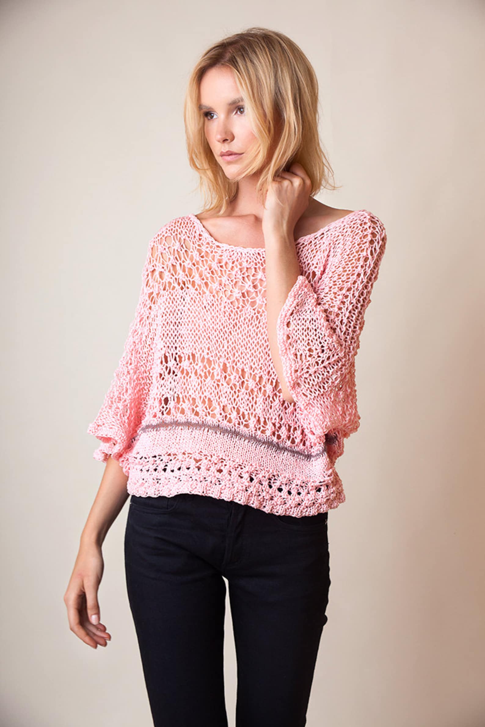 Cotton hand knit top dolman sleeve top pink jumper loose Etsy