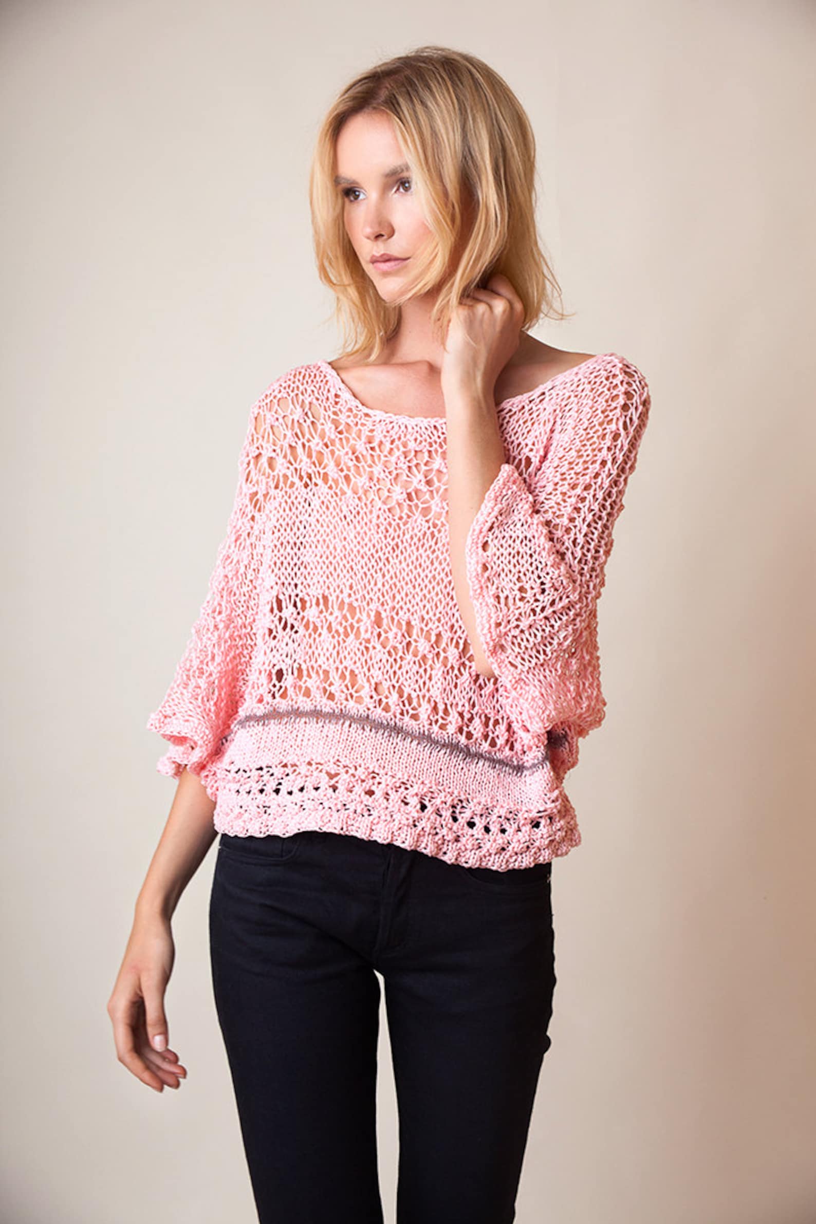 Cotton hand knit top dolman sleeve top pink jumper loose | Etsy