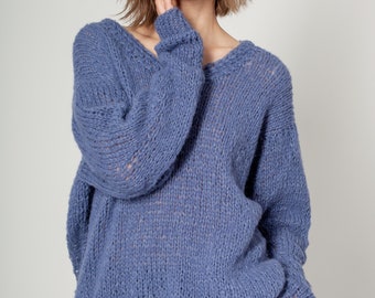 loszittende alpaca zijdetrui Blauwe handknit trui super zachte oversized pullover met lange mouwen Kleding Dameskleding Sweaters Pullovers 