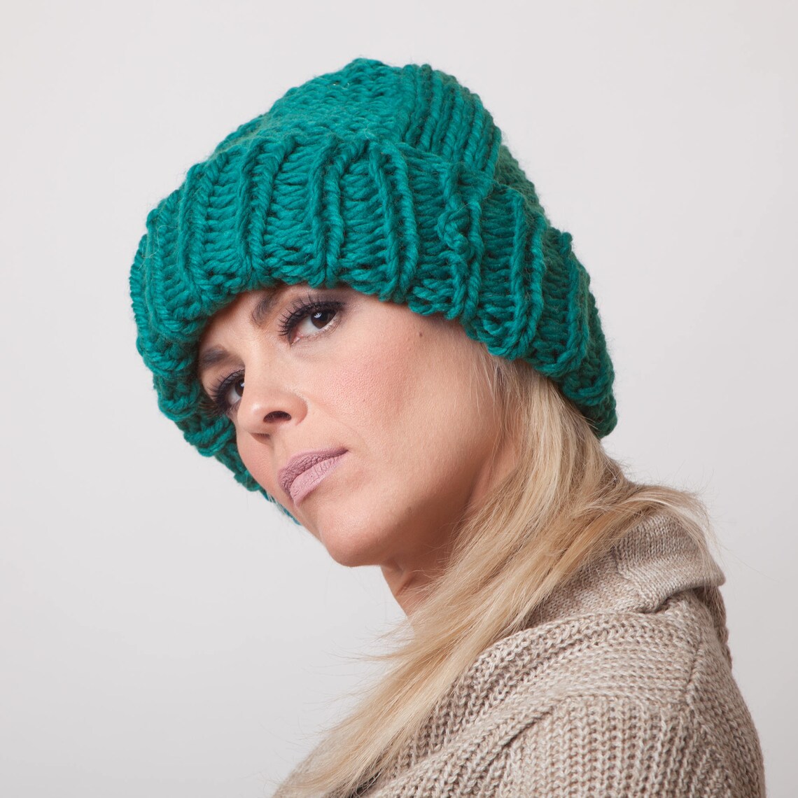 Emerald green knit hat slouchy hat beanie bulky boho hat Etsy